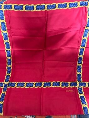 CHANEL❤️⭐️ RED SILK SCARF WITH BLUE & GOLD CHAIN BORDER ITEM # 2153884